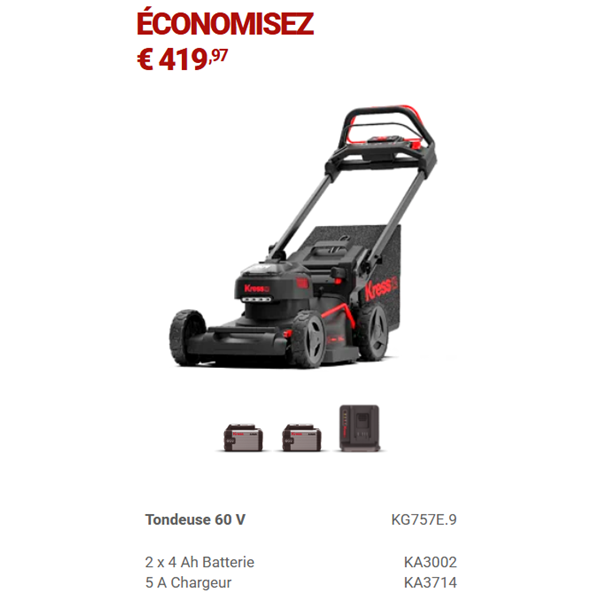 Tondeuses à batterie Kress KG757E.9  + 2 bat 4Ah + chargeur 5A