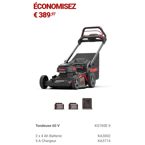 Tondeuses à batterie Kress KG760E.9 + 2 bat 4Ah + chargeur 5A